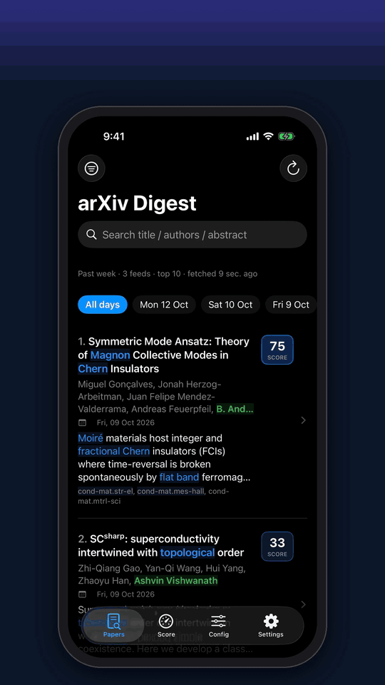 The iPhone app: the ranked digest, a paper page with highlights, PDF and Zotero, swiping a paper away and restoring it, filtering by day, Score a paper, the Config tab with unsaved changes, keywords, authors, categories, weights and presets, and Settings with on-device or server mode and config as JSON